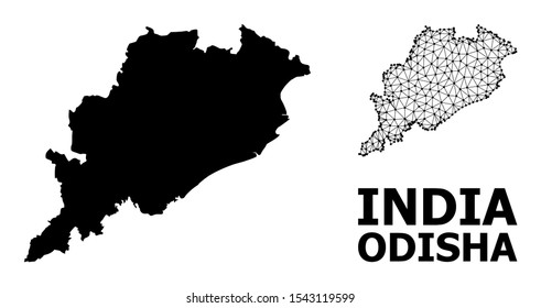 Solid and mesh vector map of Odisha State. Wire carcass flat polygonal mesh in vector EPS format, geographic models for economical compositions. Illustrations are isolated on a white background.
