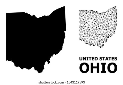 Solid and mesh vector map of Ohio State. Wire carcass 2D polygonal mesh in vector EPS format, geographic templates for economics posters. Illustrations are isolated on a white background.