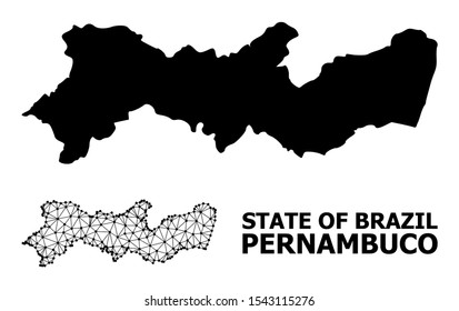 Solid and mesh vector map of Pernambuco State. Wire carcass flat triangular mesh in vector format, geographic templates for patriotic posters. Illustrations are isolated on a white background.