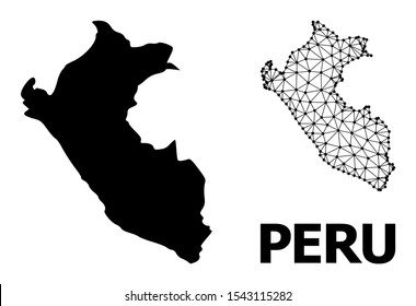 Solid and mesh vector map of Peru. Wire carcass flat polygonal mesh in eps vector format, geographic templates for educational illustrations. Illustrations are isolated on a white background.