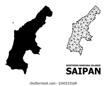 Solid and mesh vector map of Saipan Island. Linear carcass 2D polygonal mesh in vector EPS format, geographic templates for economics illustrations. Illustrations are isolated on a white background.