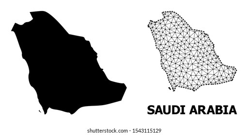 Solid and mesh vector map of Saudi Arabia. Wire carcass 2D triangular mesh in vector format, geographic templates for political designs. Illustrations are isolated on a white background.
