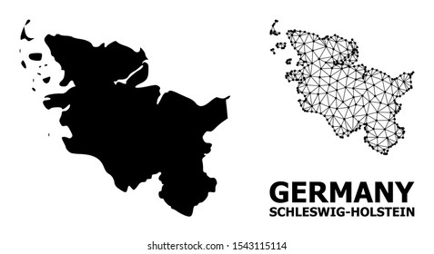 Solid and mesh vector map of Schleswig-Holstein State. Linear frame 2D polygonal mesh in vector format, geographic models for economical illustrations.