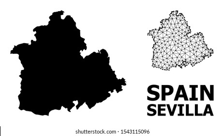 Solid and mesh vector map of Sevilla Province. Linear frame flat triangular mesh in vector EPS format, geographic models for economics illustrations. Illustrations are isolated on a white background.