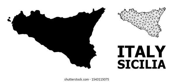 Solid and mesh vector map of Sicilia Island. Linear frame flat triangular mesh in eps vector format, geographic templates for educational illustrations.