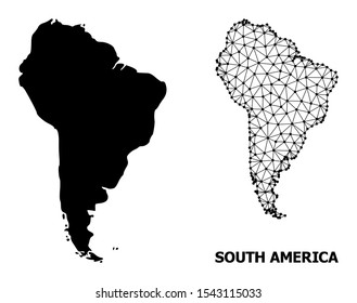 Solid and mesh vector map of South America. Wire carcass 2D polygonal mesh in eps vector format, geographic models for patriotic illustrations. Illustrations are isolated on a white background.