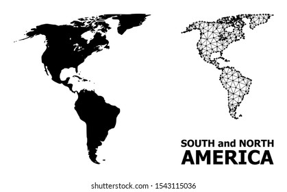 Solid and mesh vector map of South and North America. Linear frame 2D polygonal mesh in eps vector format, geographic models for economical illustrations.