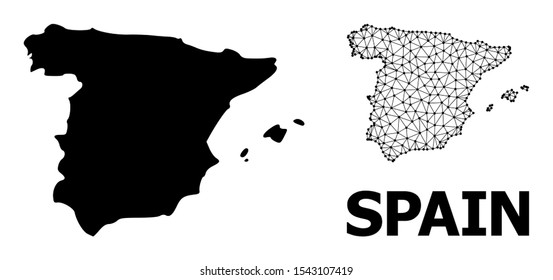 Solid and mesh vector map of Spain. Linear carcass 2D polygonal mesh in eps vector format, geographic templates for economical illustrations. Illustrations are isolated on a white background.