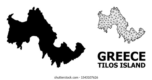 Solid and mesh vector map of Tilos Island. Wire carcass flat polygonal mesh in vector format, geographic templates for educational posters. Illustrations are isolated on a white background.