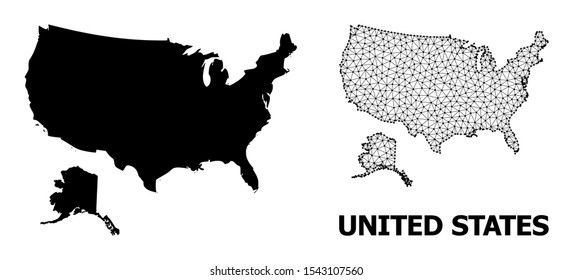 Solid and mesh vector map of USA and Alaska. Wire carcass 2D triangular mesh in eps vector format, geographic models for political illustrations. Illustrations are isolated on a white background.