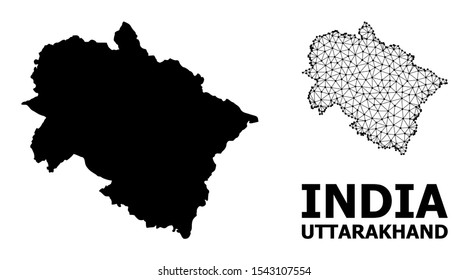 Solid and mesh vector map of Uttarakhand State. Linear carcass flat polygonal network in eps vector format, geographic models for political illustrations.