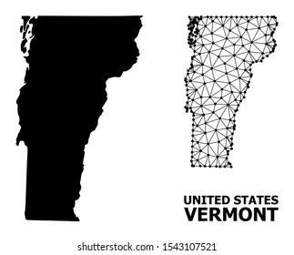 Solid and mesh vector map of Vermont State. Wire carcass 2D polygonal mesh in vector format, geographic models for political illustrations. Illustrations are isolated on a white background.