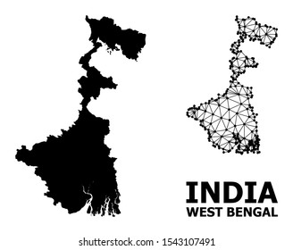 Solid and mesh vector map of West Bengal State. Wire frame flat triangular mesh in eps vector format, geographic templates for economics designs. Illustrations are isolated on a white background.