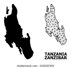 Solid and mesh vector map of Zanzibar Island. Wire carcass flat polygonal network in vector EPS format, geographic templates for economics illustrations.