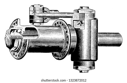 It is a solid metal component with a pointed end at one edge and a extended arm at the other. It is fixed with the other main parts, vintage engraved line art illustration. Bicycle Accessories 1900.
