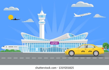 Solid Modern Airport terminal building and yellow taxi. Vector illustration.