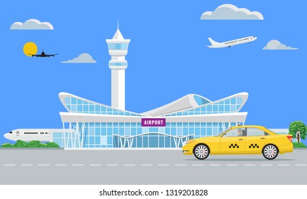 Solid Modern Airport terminal building and yellow taxi. Vector illustration.