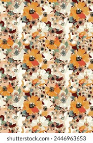 a solid modern textile vector design, arrangement with bright abstract big hibiscus flower, all-over seamless  pattern with orange and cream tone color illustration digital image printing factory