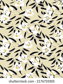a solid monochrome simple white blooming flower with black stalk leaves vector illustration all-over textile and paper print design digital image