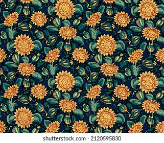 solid monochrome sunflowers with blue background illustration vector full all-over textile design digital image