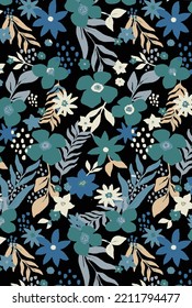 a solid monochrome variety of leaves and flower with black color background arrangement vector illustration full all-over textile design digital image