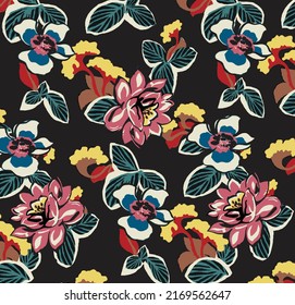 a solid multicolor flowers arrangement motif with black color background illustration all over textile vector design digital image