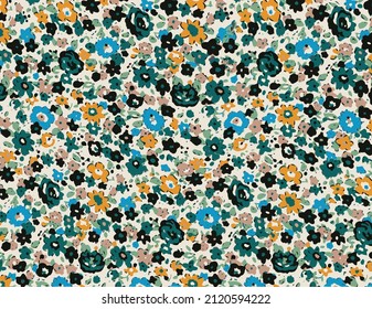 solid multicolor small flowers with dominant Tosca and yellow tones illustration vector full all-over textile design digital image