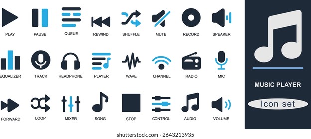 A Solid music player icon set featuring play, pause, volume, playlist, equalizer, mic, shuffle, and more. Ideal for app, UI, audio, and media design.
