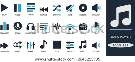 A Solid music player icon set featuring play, pause, volume, playlist, equalizer, mic, shuffle, and more. Ideal for app, UI, audio, and media design.