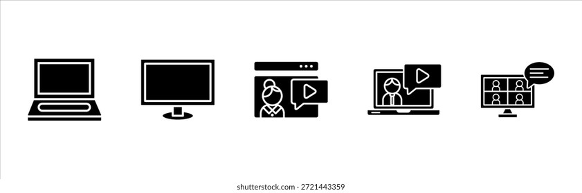 Solid online education device icons pack school learning