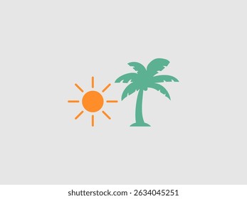 A solid orange sunburst icon with eight rays positioned to the left of a solid teal silhouette of a palm tree
