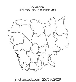 The solid outline of Cambodias political map, highlighting the various provinces and regions without any labels or colors. The map provides a clear representation of the countrys boundaries.