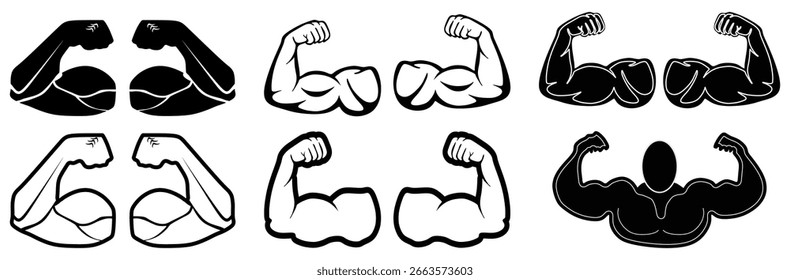 Sólido e Contorno Gym Músculo Flex Ícones para Esportes e Gráficos de Força Corporal. crescimento muscular, braço de treinamento, ilustração de potência