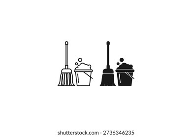 solid and outline icon of mop and bucket