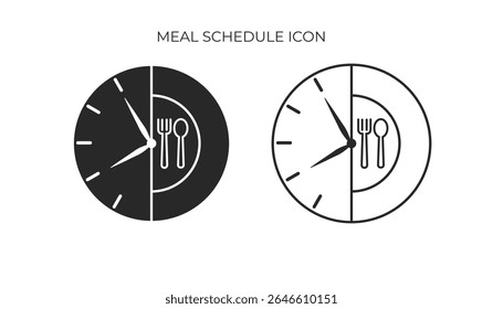 Ícones sólidos e de contorno que mostram um relógio e utensílios de jantar, ilustrando os períodos de alimentação programados para a dieta ou a gestão saudável do estilo de vida.