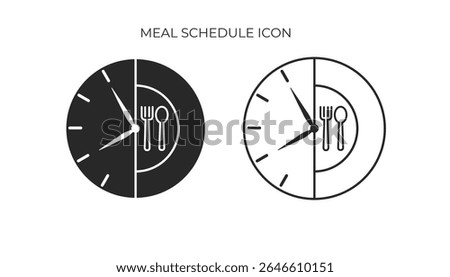Solid and outline icons showing a clock and dining utensils, illustrating scheduled eating periods for diet or healthy lifestyle management.