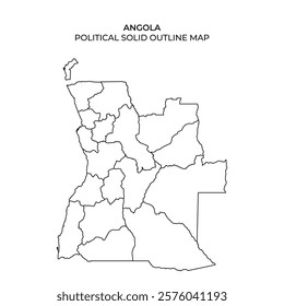 A solid outline map of Angola displays the countrys political divisions and regions. It highlights the geographic layout without any additional details or colors.