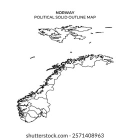 A solid outline map of Norway highlights the countrys unique shape and geographical features. The map presents the northern and southern regions, emphasizing coastlines and neighboring areas.