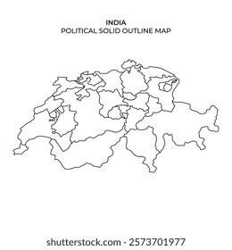 A solid outline map representing India, detailing its political boundaries and various regions. The map highlights different states and territories in a clear design.