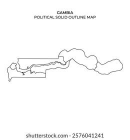 A solid outline representation of Gambia displays its political borders and unique shape, highlighting the geographical layout of the country clearly against a plain background.