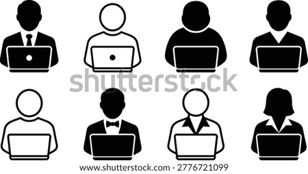 Solid and outline silhouettes of office professionals using laptops for corporate career profiles, team management, and freelancer service branding.