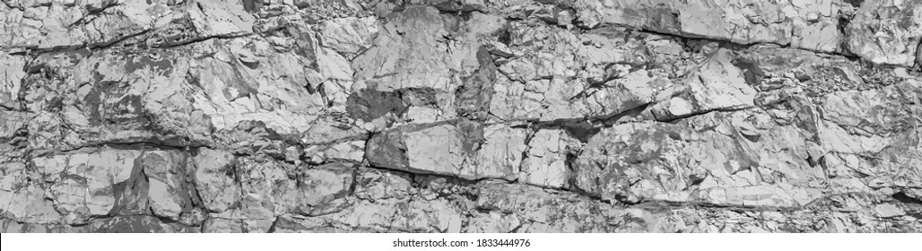 Solid particles fragments, gaps split, cavity, groove track on sharp stones. Debris pieces, scratch marks on cut ruined blocks rock.Gray dirt bump map, old grunge steep cliff for 3d grayscale backdrop