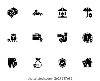 Solid Pictogram Set Illustrating Protection for Assets and Well being