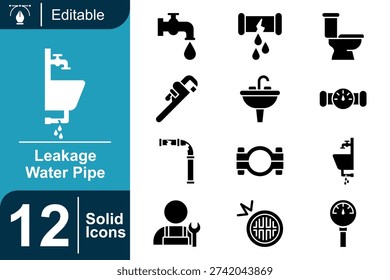 Solid plumbing icon set featuring leaking faucet, broken pipe, water drops, pressure gauge, toilet leak and repair technician symbols designed for maintenance and sanitation services.
