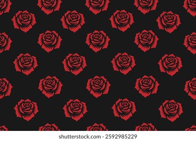 Solid Red Roses on Black Background Seamless Vector Pattern