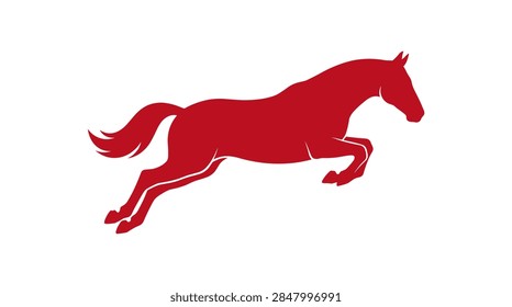 A solid red silhouette of a horse captured in a dynamic jumping or galloping pose. The illustration features clean, minimalist lines and is isolated against a stark white background, suitable for equestrian sports branding, horse racing icons, or general graphic design elements.