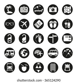 Solid round travel icon set. Collection of tourism and vacation vector symbols, negative in black circles
