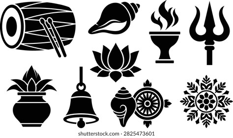A solid silhouette icon set featuring traditional Indian cultural and spiritual elements including drum