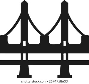 Icono de silueta sólida de un puente colgante con dos torres y cables Ilustración vectorial