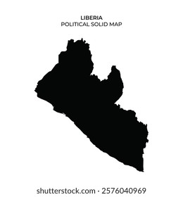 A solid silhouette of Liberia highlights its borders and significant geographical features. The map visualizes the countrys layout without any additional details or colors.